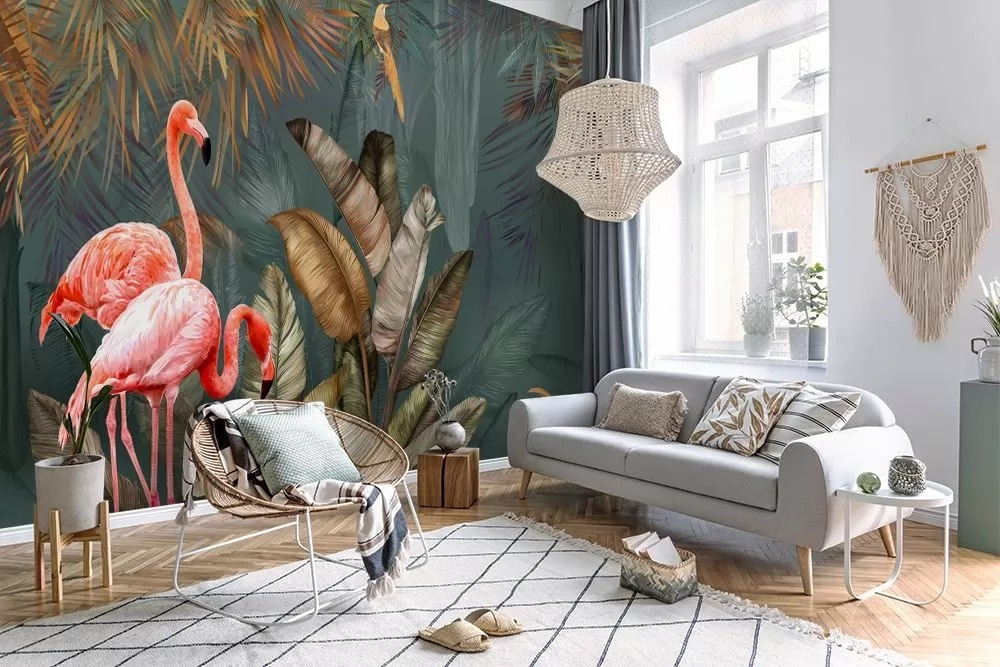 Roze flamingo's en een vogel in een bos in een interieur