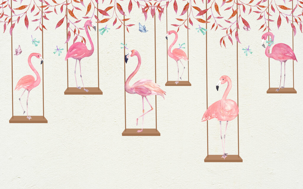 Flamingo's op schommels — volledig ontwerp