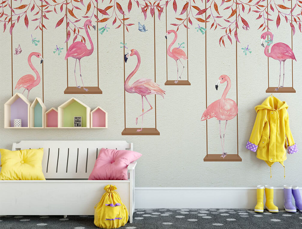 Groep flamingo's op schommels in een interieur