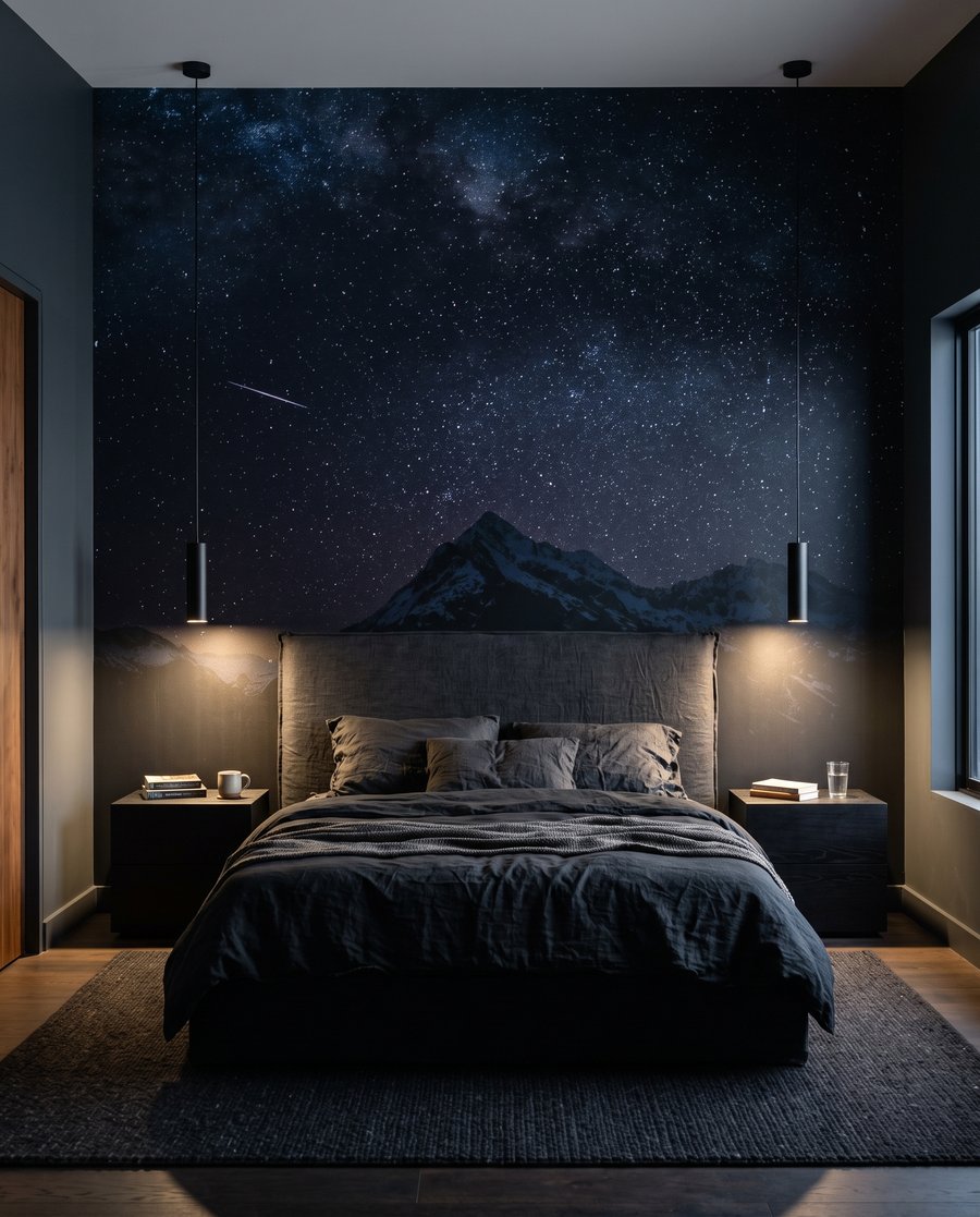 Sterren boven donkere toppen in een interieur