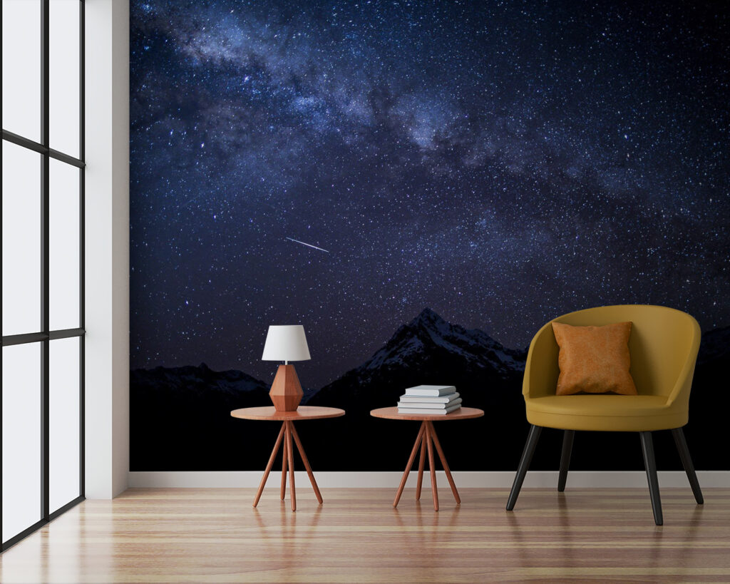 Sterrenhemel boven bergen in een interieur