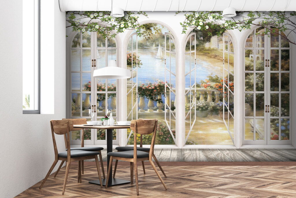 Rustgevend uitzicht op bloeiende tuinen in een interieur