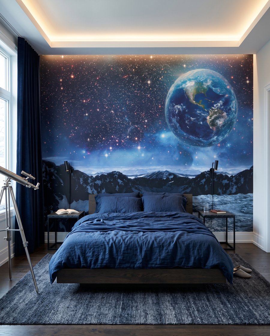 De aarde boven maanbergen in een interieur