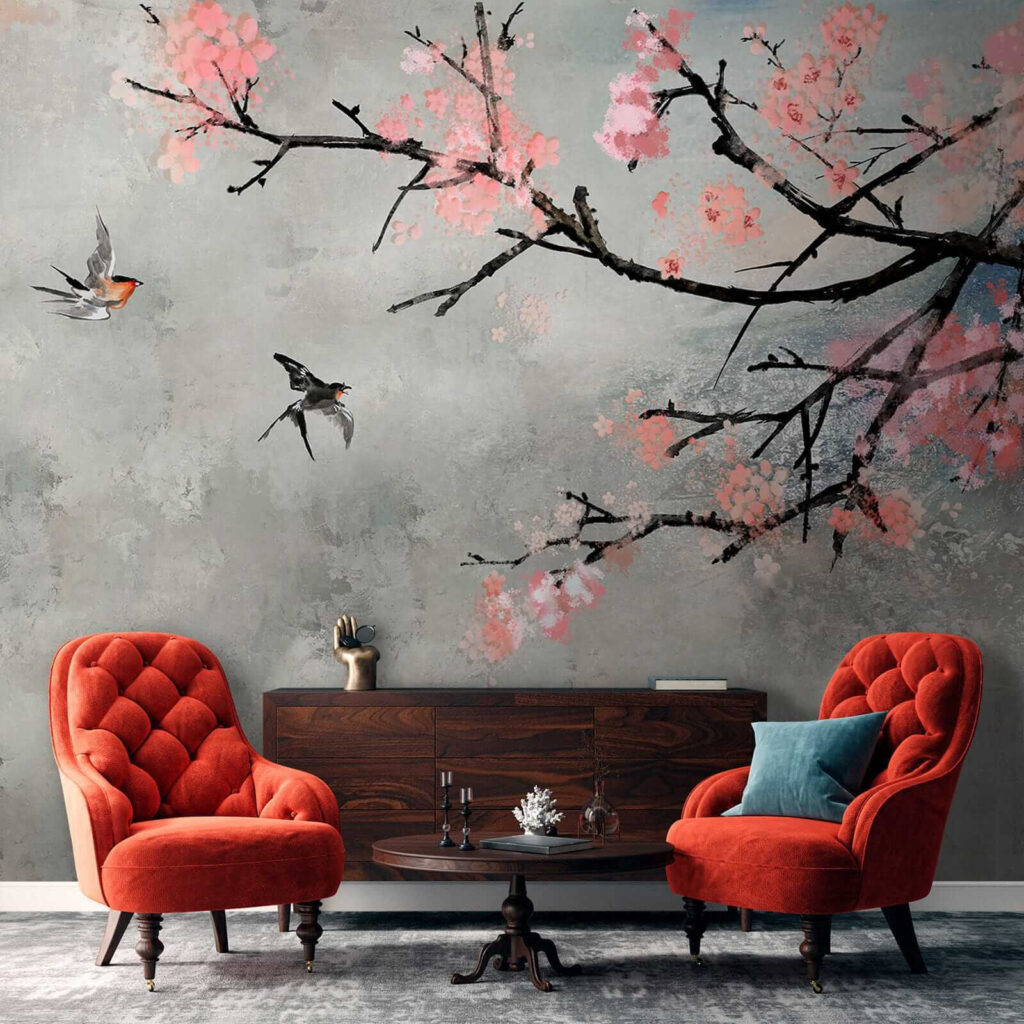 Vogels naast donkere bloesemtak — interieur 5