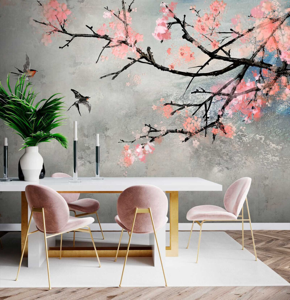 Vogels naast donkere bloesemtak — interieur 9