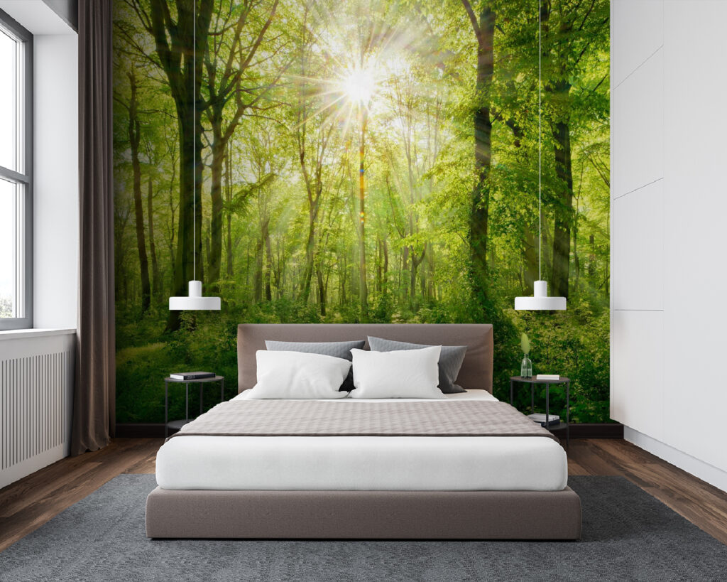 Pad door een bos met bomen en planten in een interieur