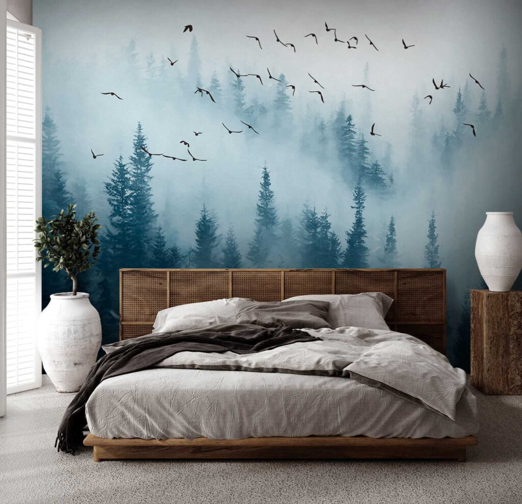Vogelvlucht boven blauwe bosnevel — interieur 2