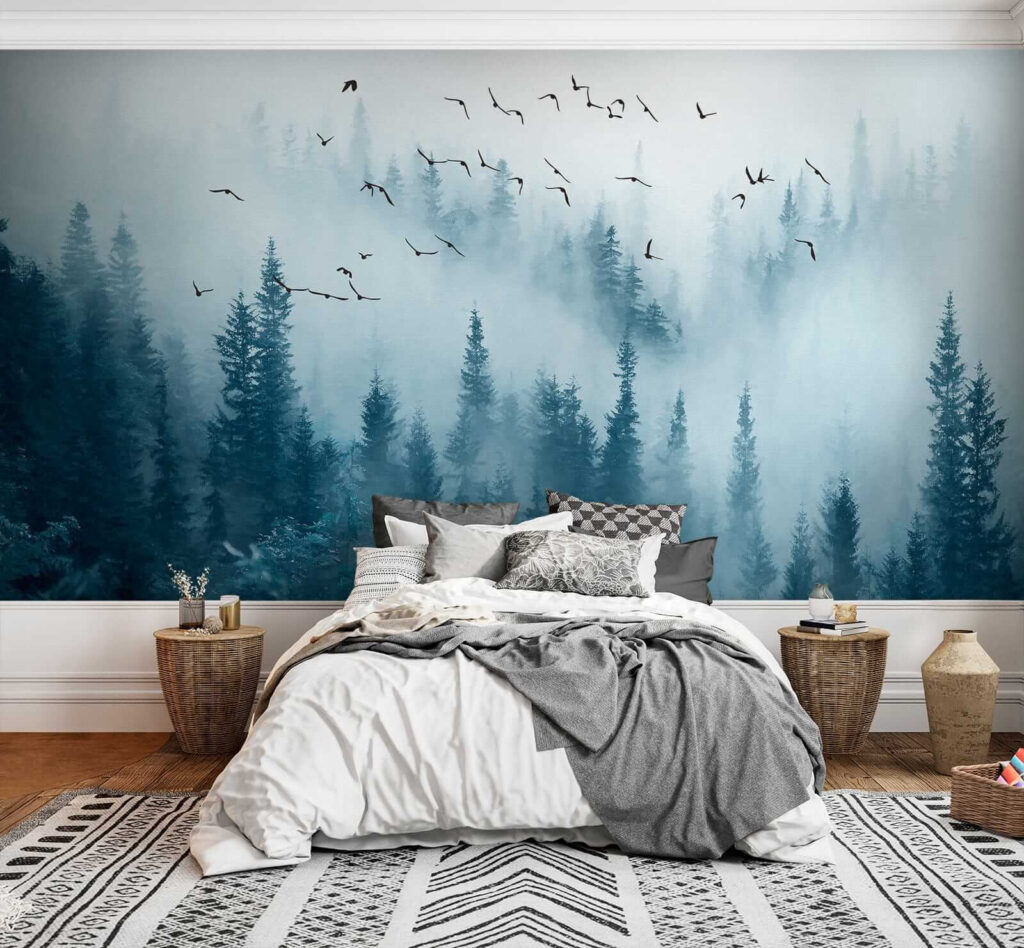Vogelvlucht boven blauwe bosnevel — interieur 3