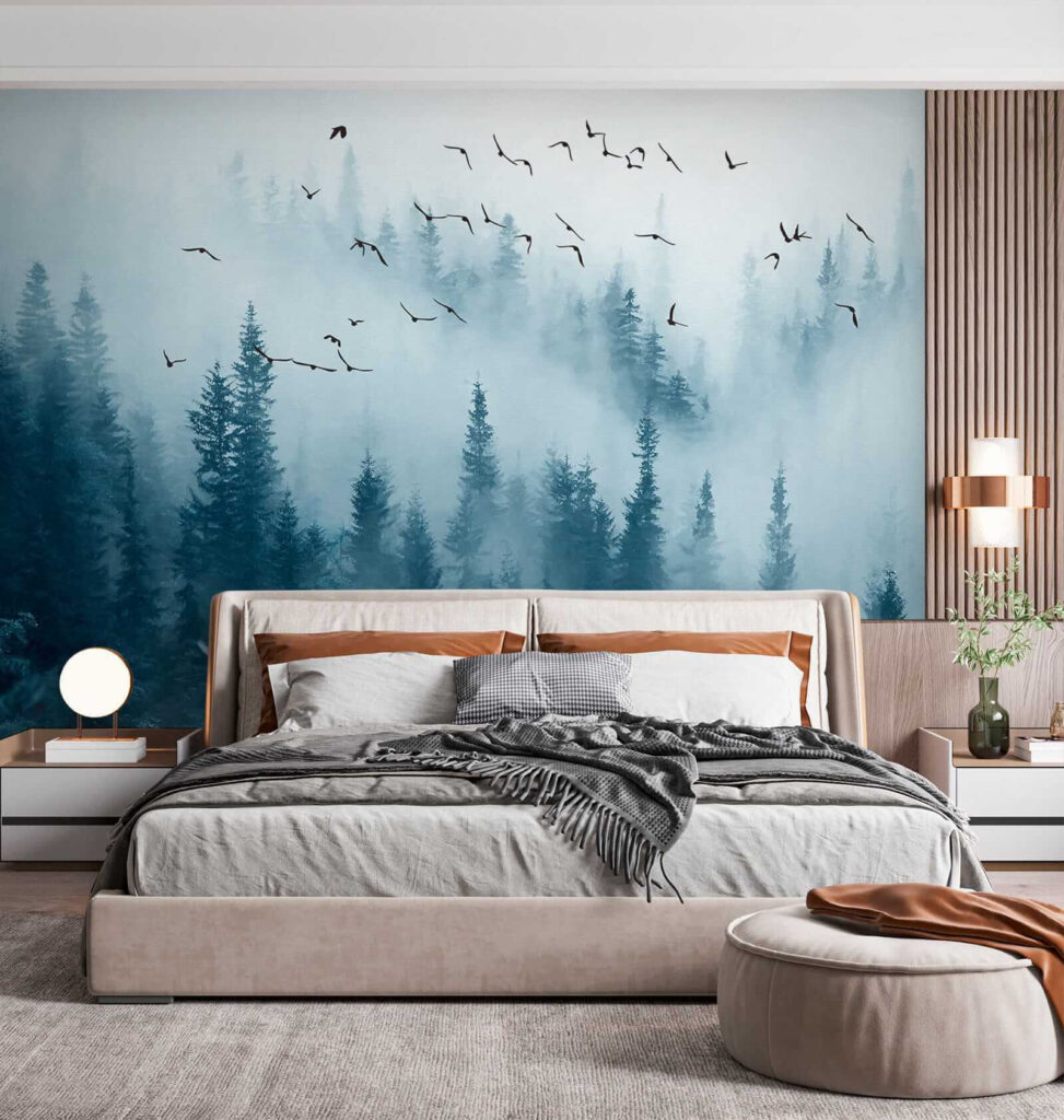 Vogelvlucht boven blauwe bosnevel — interieur 4