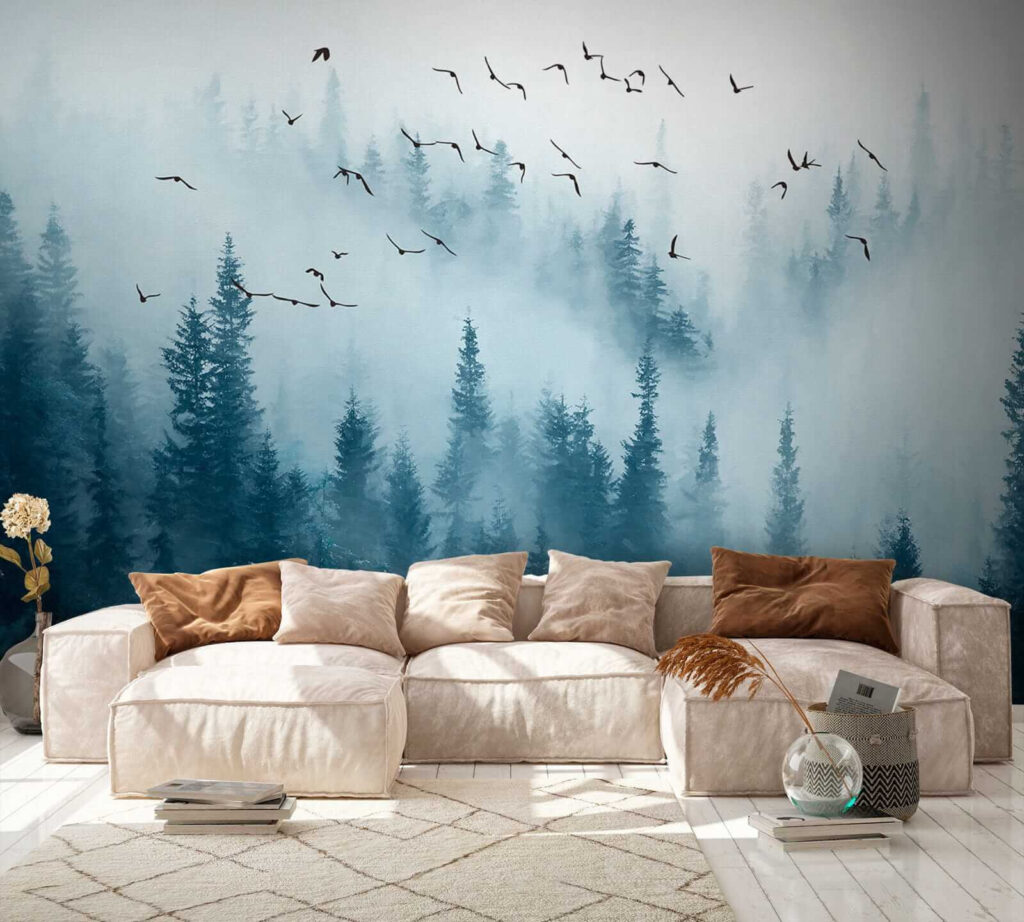 Vogelvlucht boven blauwe bosnevel — interieur 5
