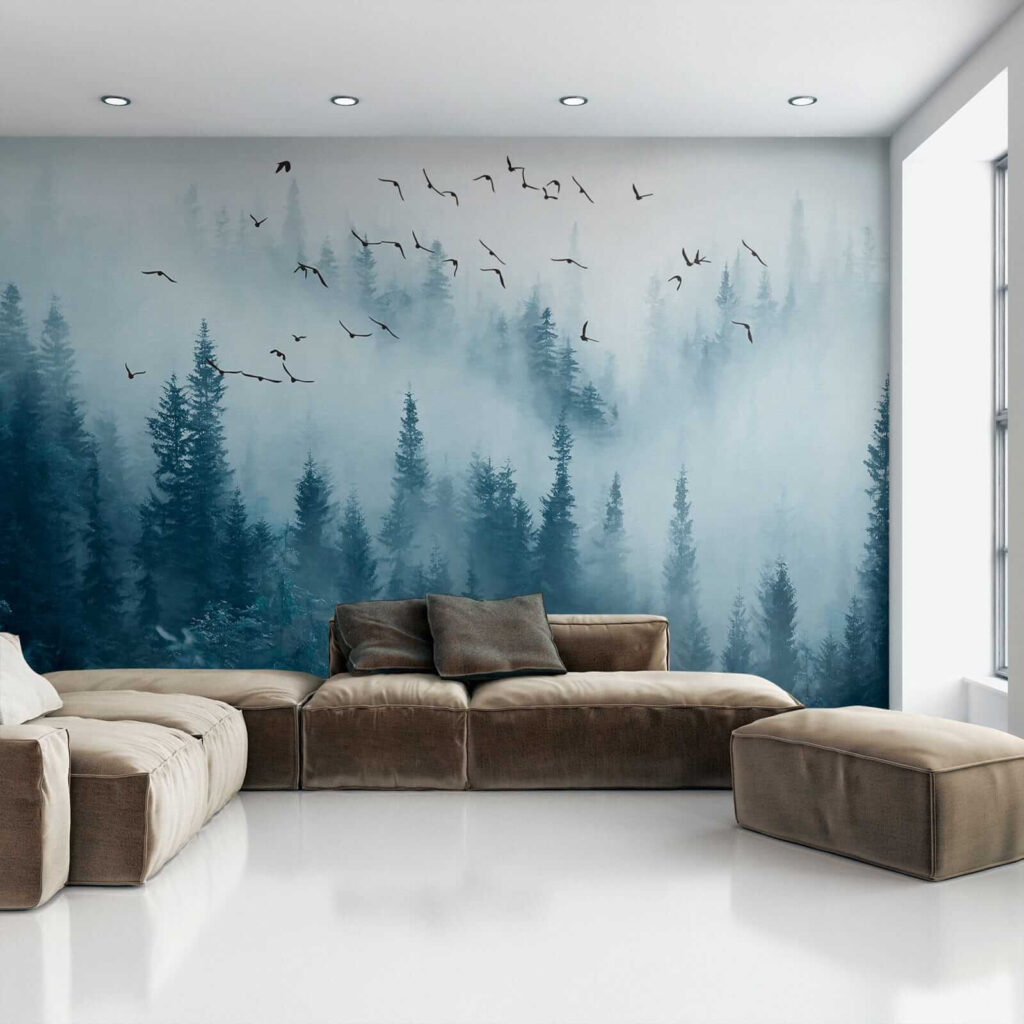 Vogelvlucht boven blauwe bosnevel — interieur 6