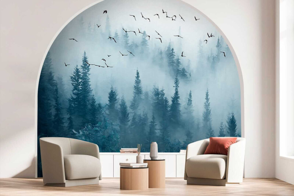 Vogelvlucht boven blauwe bosnevel — interieur 7