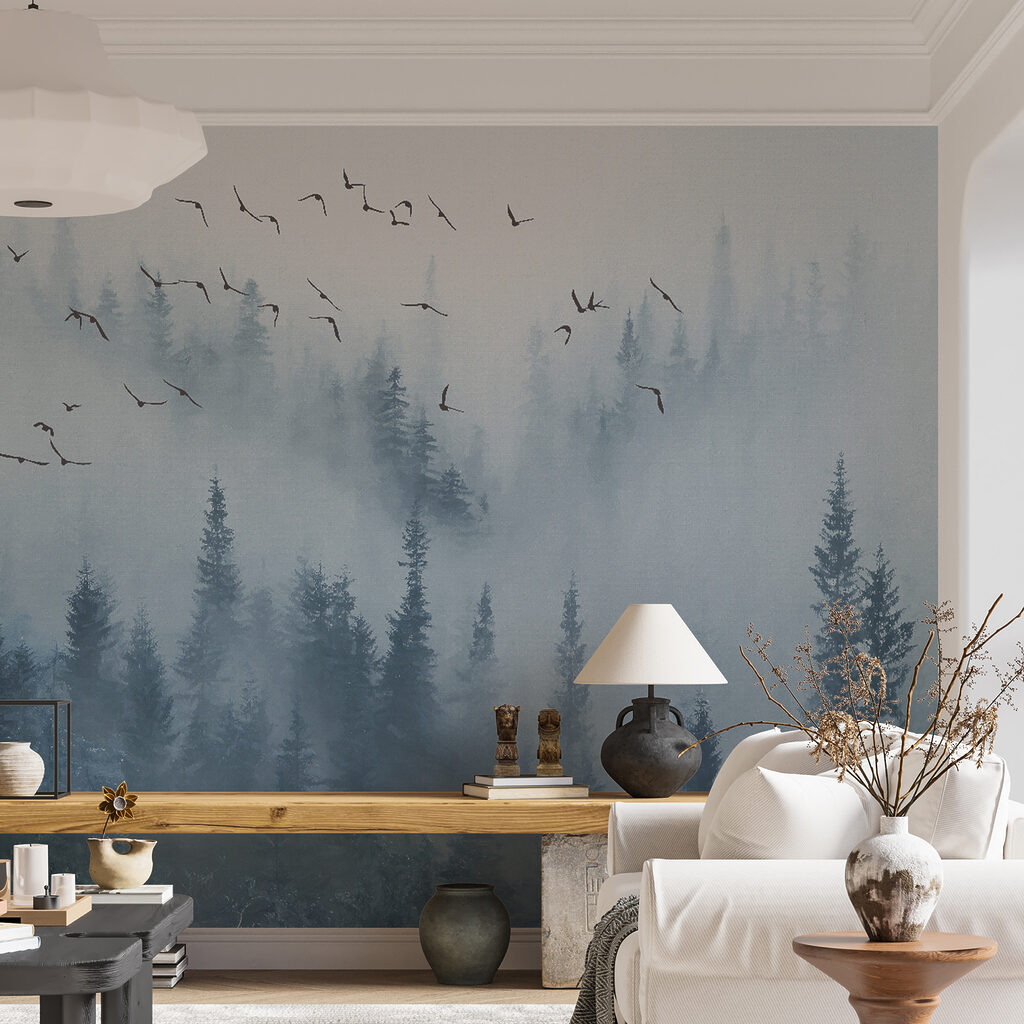 Vogelvlucht boven blauwe bosnevel — interieur 10