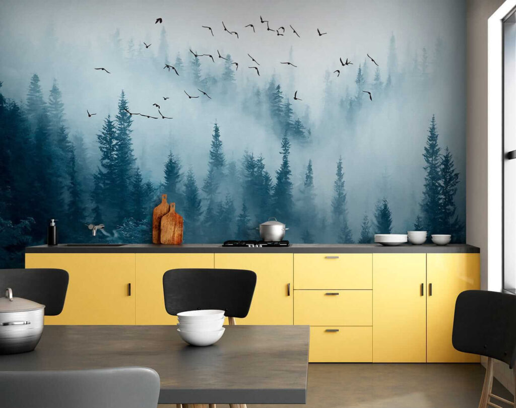 Vogelvlucht boven blauwe bosnevel — interieur 8