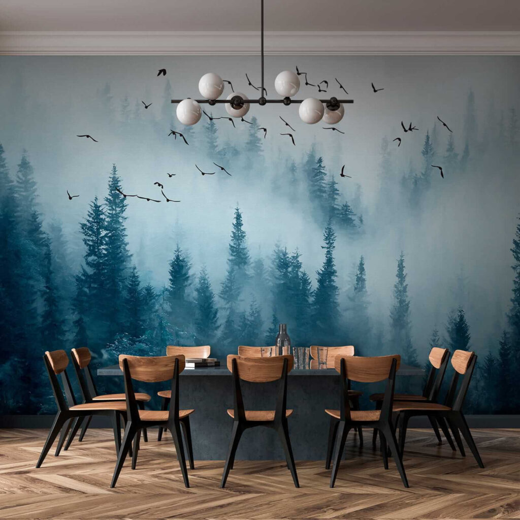 Vogelvlucht boven blauwe bosnevel — interieur 9