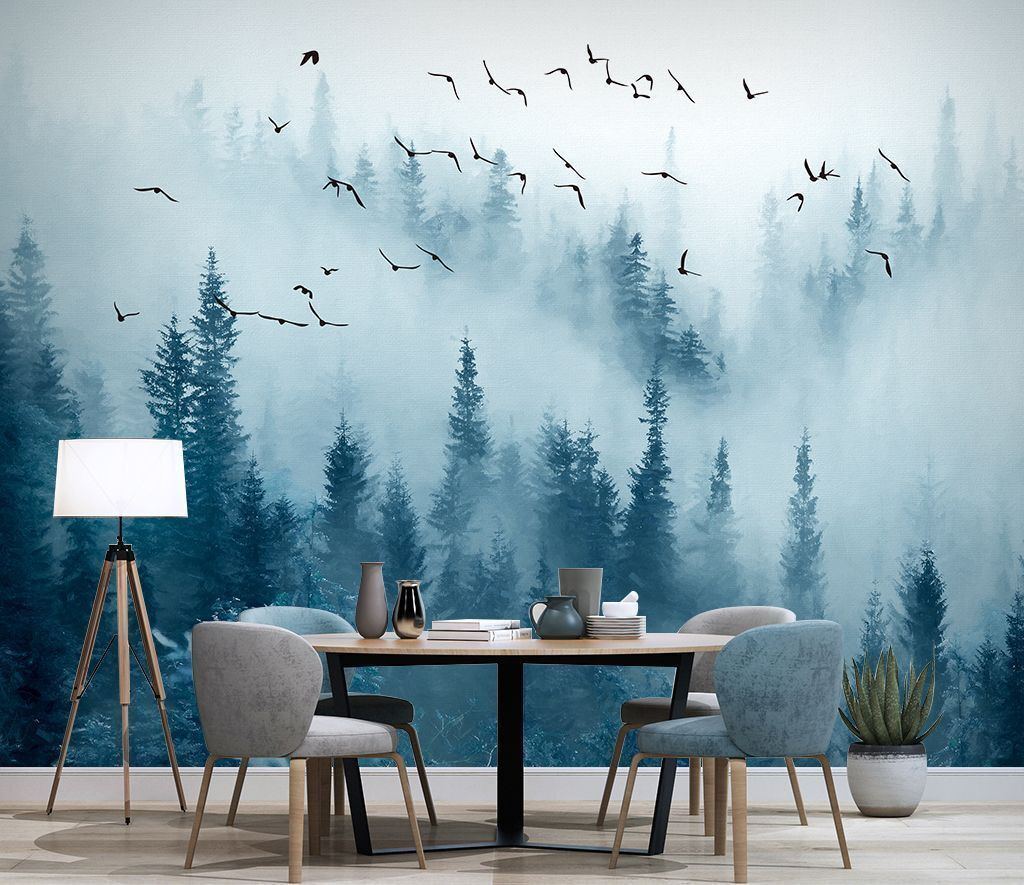 Vogelvlucht boven blauwe bosnevel — interieur 1