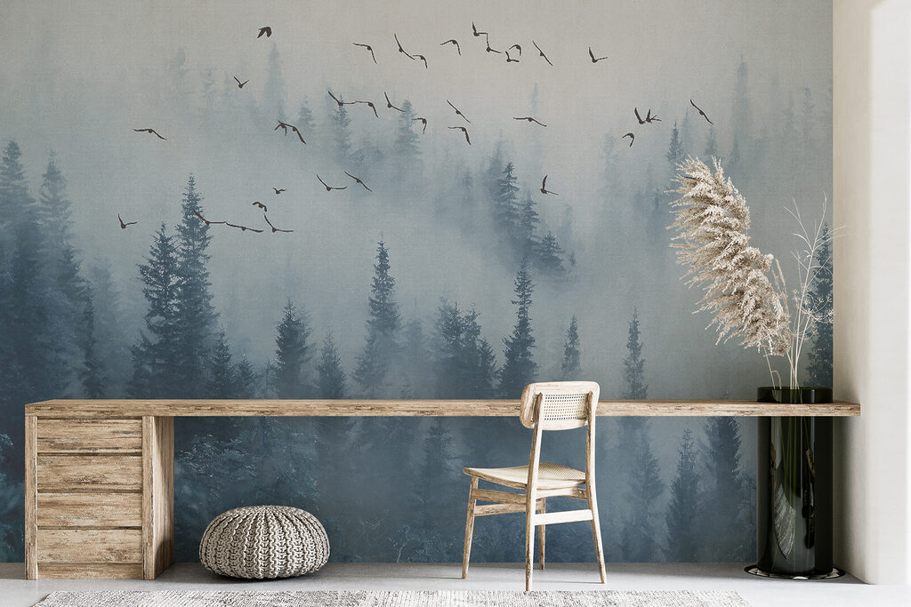 Vogelvlucht boven blauwe bosnevel — interieur 11