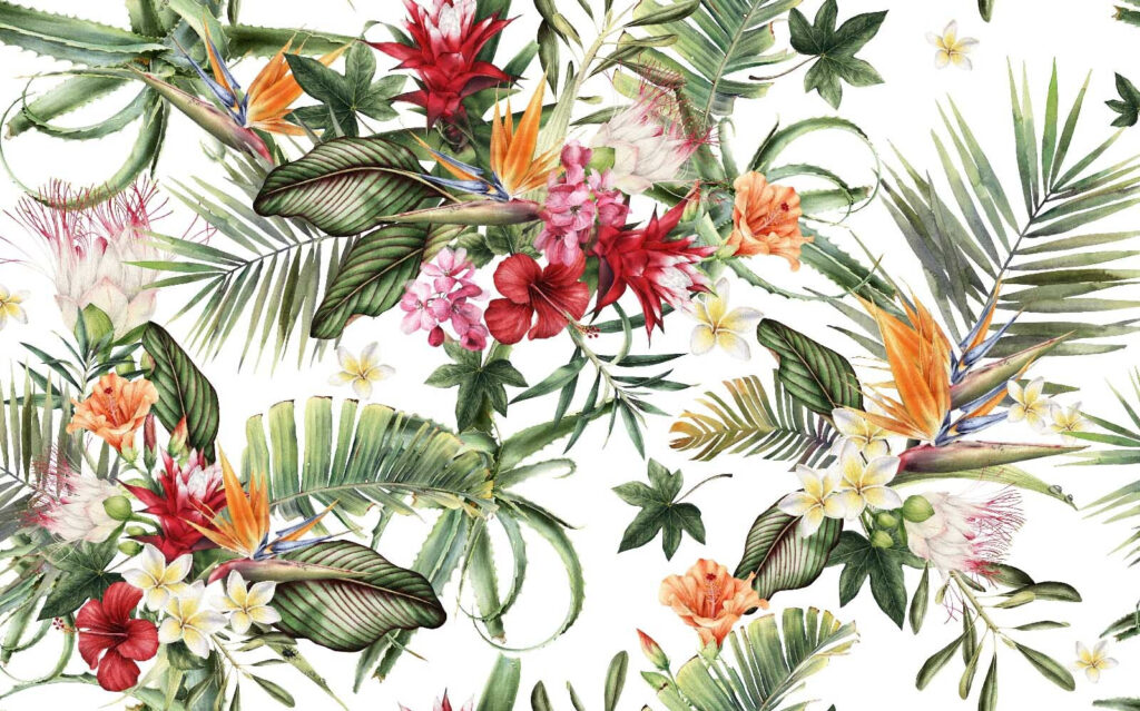 Tropische bloementuin op wit — volledig ontwerp