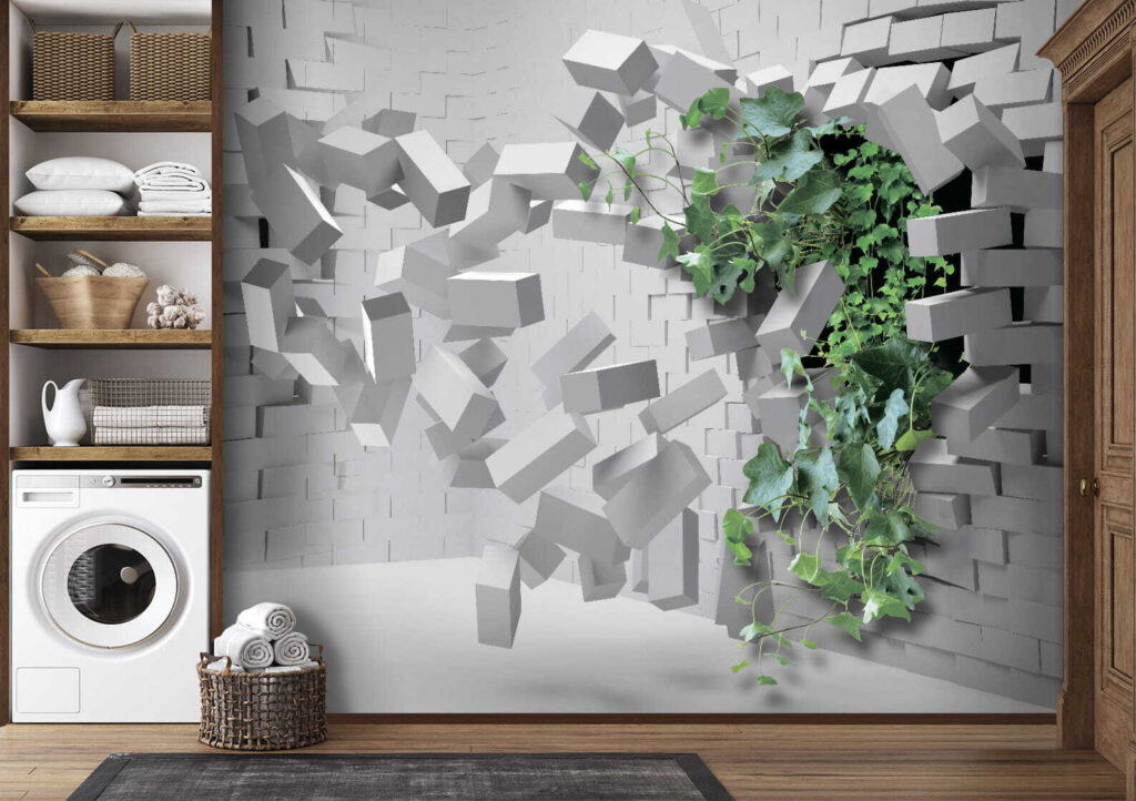Klimop door openbrekende baksteen — interieur 3