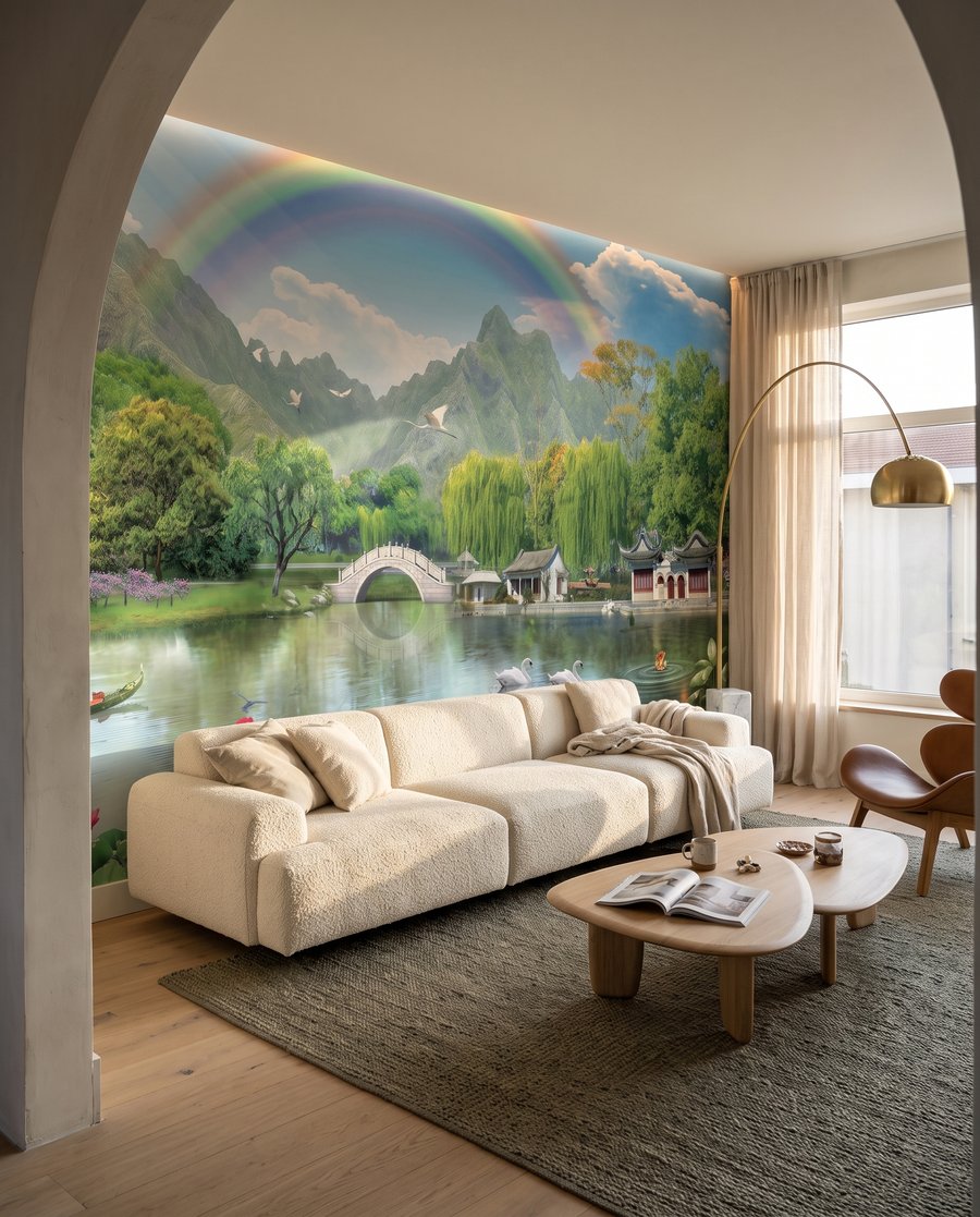 Regenboog boven de lotustuin in een interieur