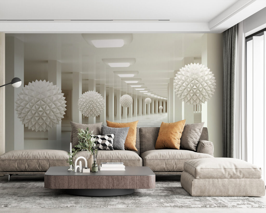 Witte kamer met witte ballen aan het plafond in een interieur