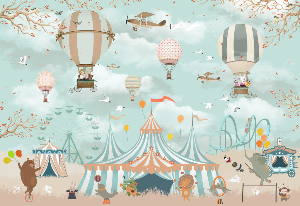Luchtballonnen boven circusdieren — volledig ontwerp