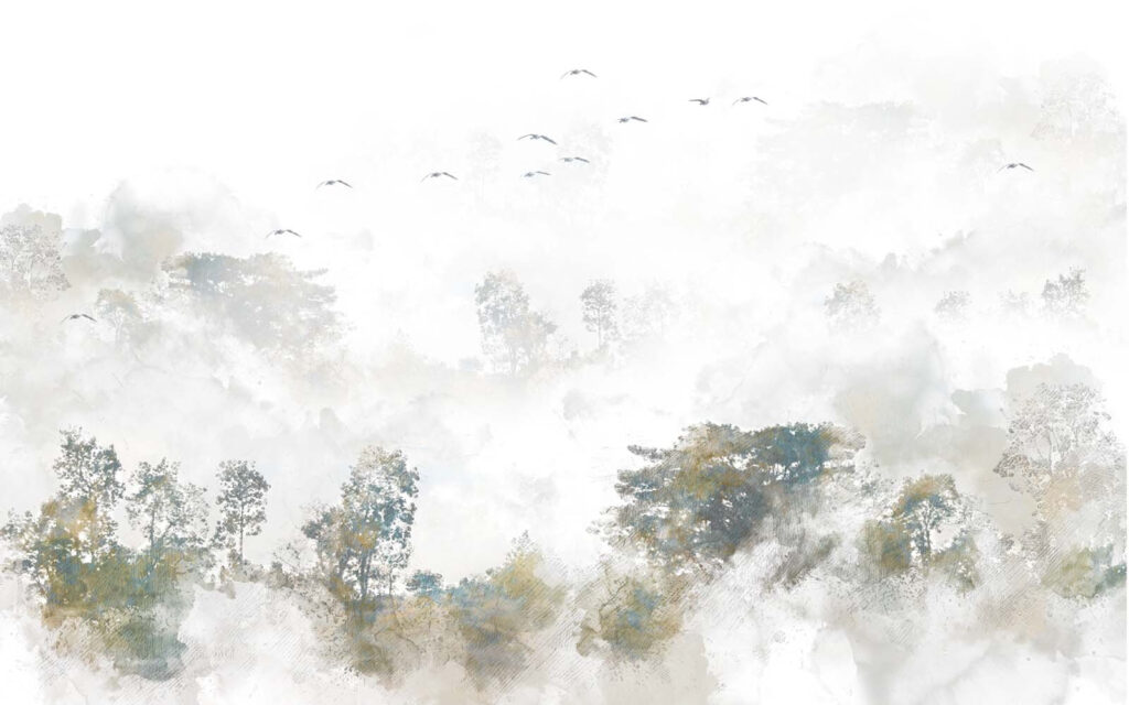Vogels boven verbleekte boomkronen — volledig ontwerp
