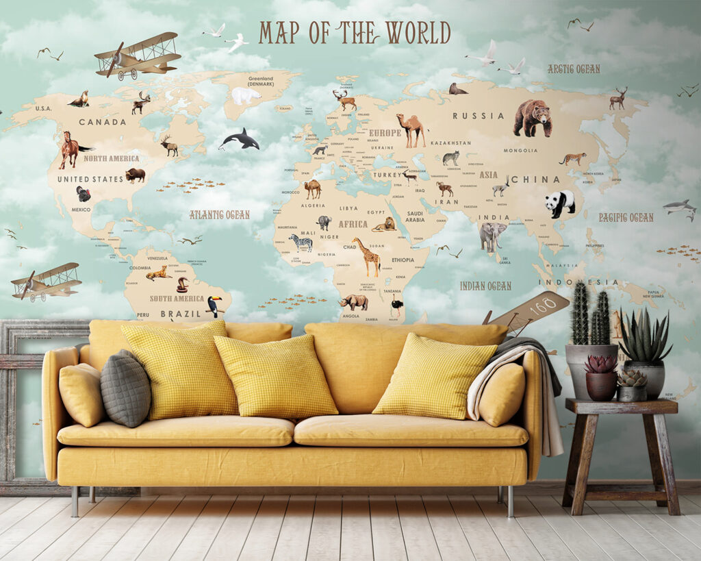 Wereldkaart met dieren in een interieur
