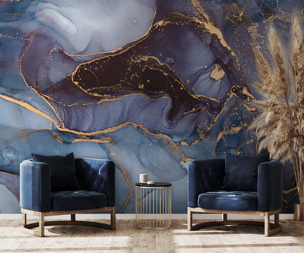 Blauwe kleurvlakken met goudlijnen — interieur 4