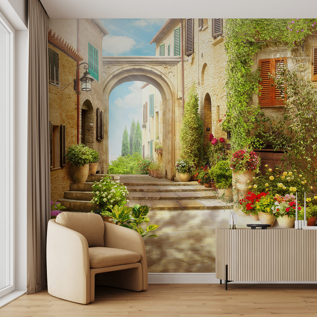 Stenen gebouw met een deur en een deuropening met planten in potten — interieur 2