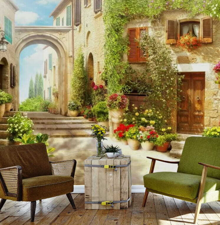 Stenen gebouw met een deur en een deuropening met planten in potten in een interieur