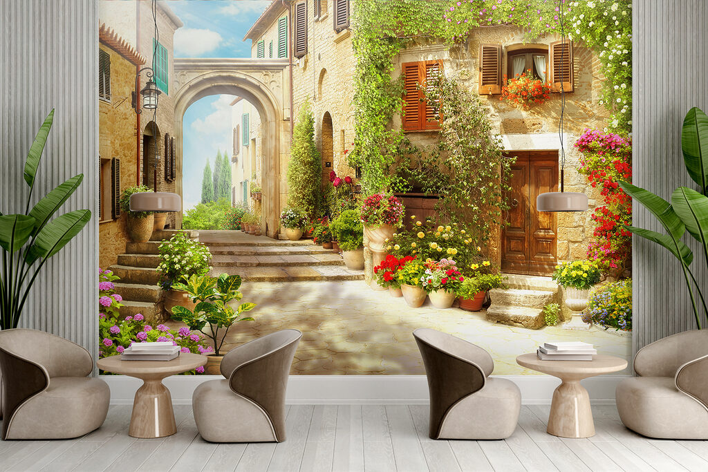 Stenen gebouw met een deur en een deuropening met planten in potten — interieur 3