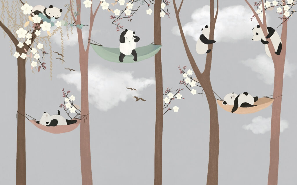 Panda's rusten in hangmatten — volledig ontwerp