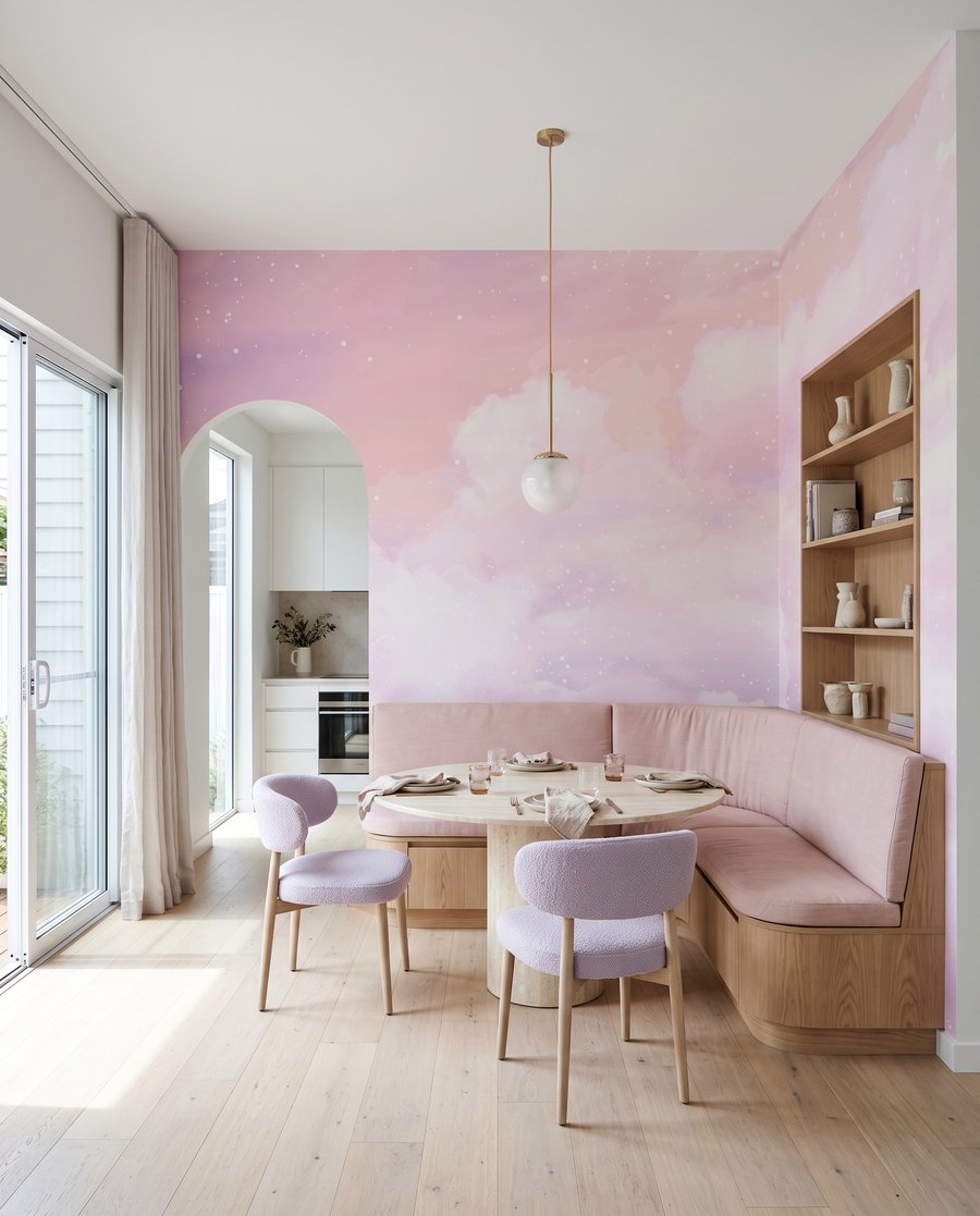 Roze wolken met sterren in een interieur