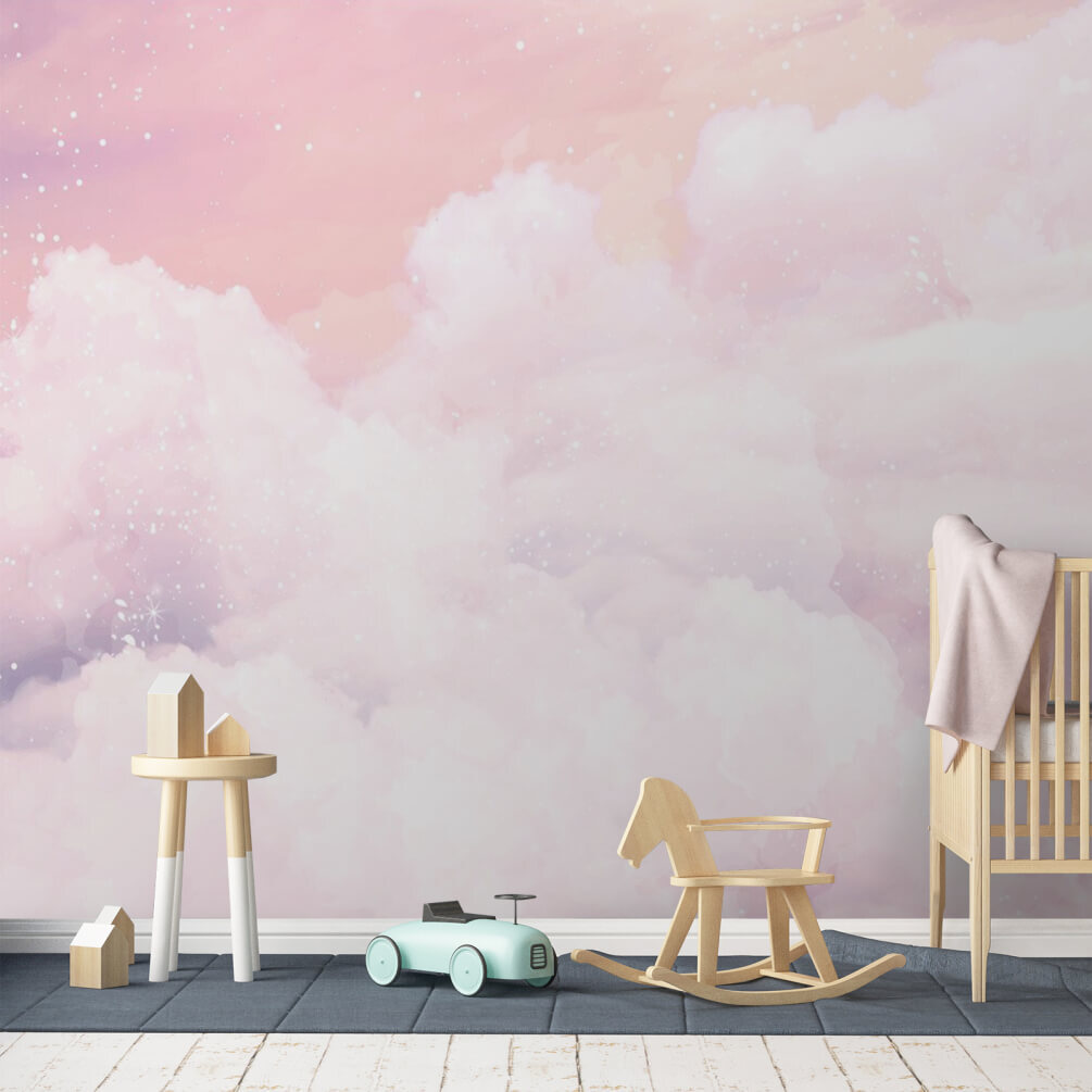 Roze lucht met wolken in een interieur