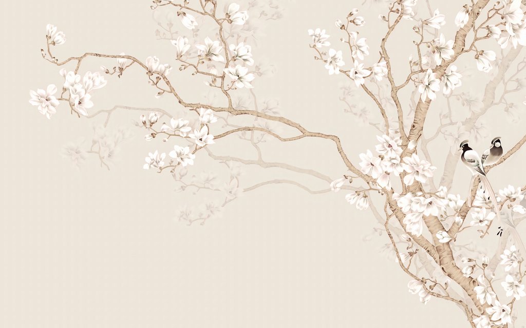 Vogels aan witte bloesem — volledig ontwerp