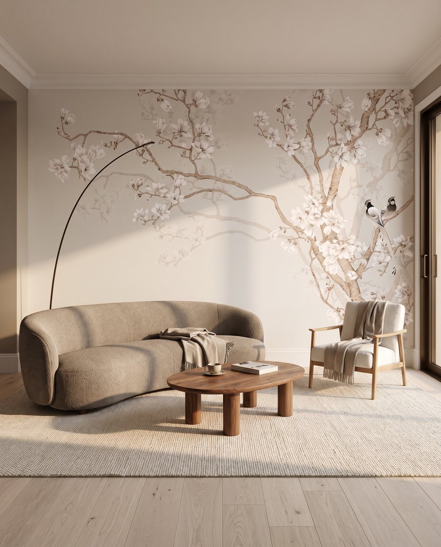 Boom met witte bloemen in een interieur