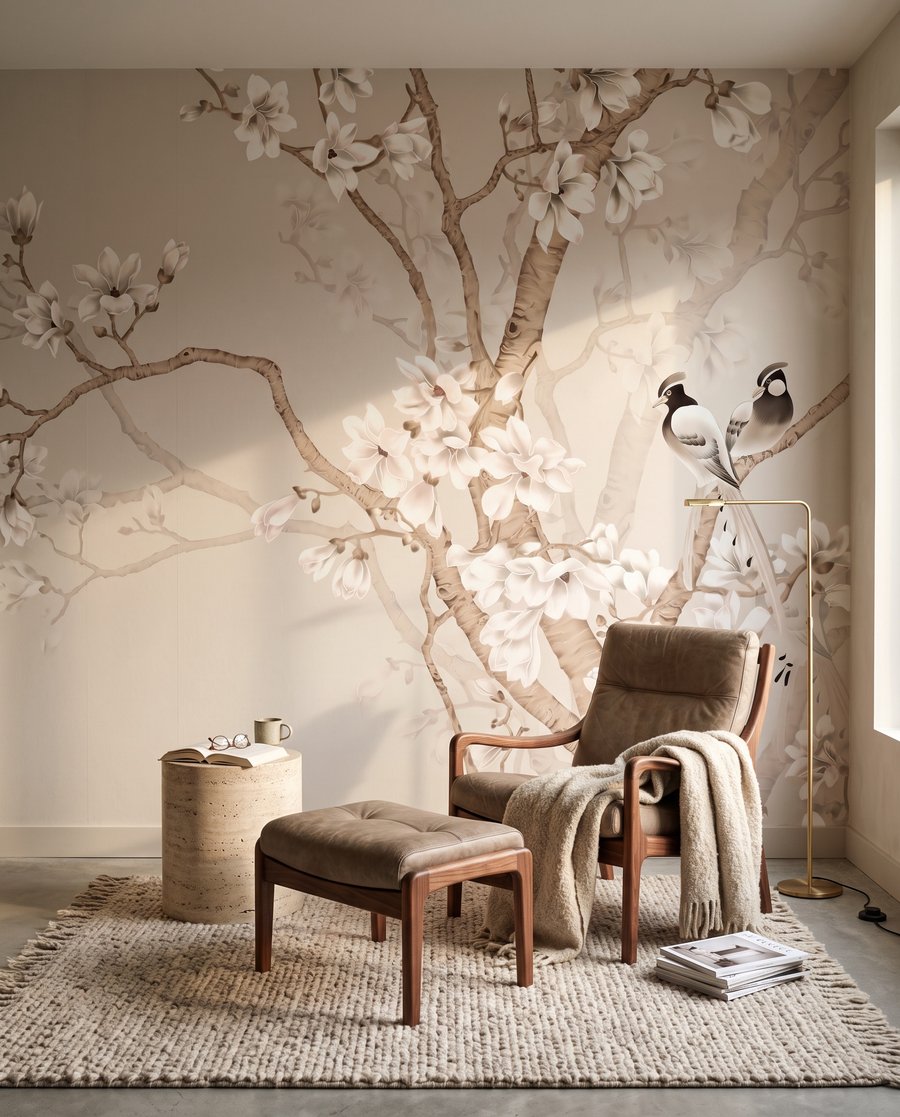 Vogels aan witte bloesem in een interieur