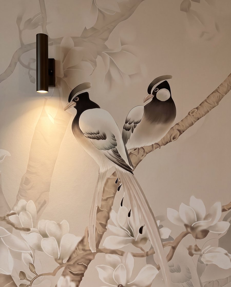 Vogels aan witte bloesem — detail