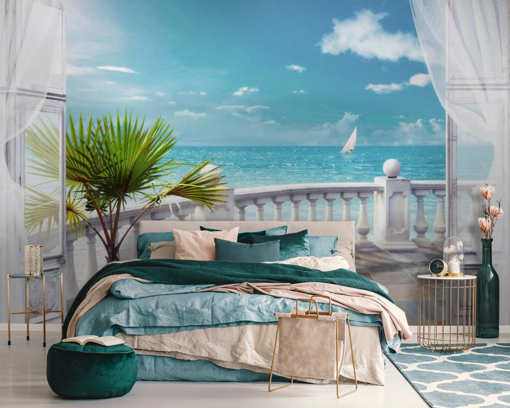 Zeebalkon achter witte gordijnen — interieur 1