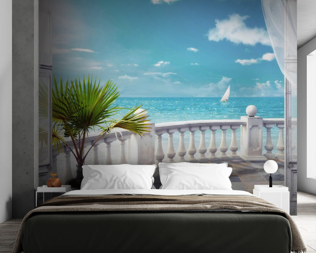Zeebalkon achter witte gordijnen — interieur 2