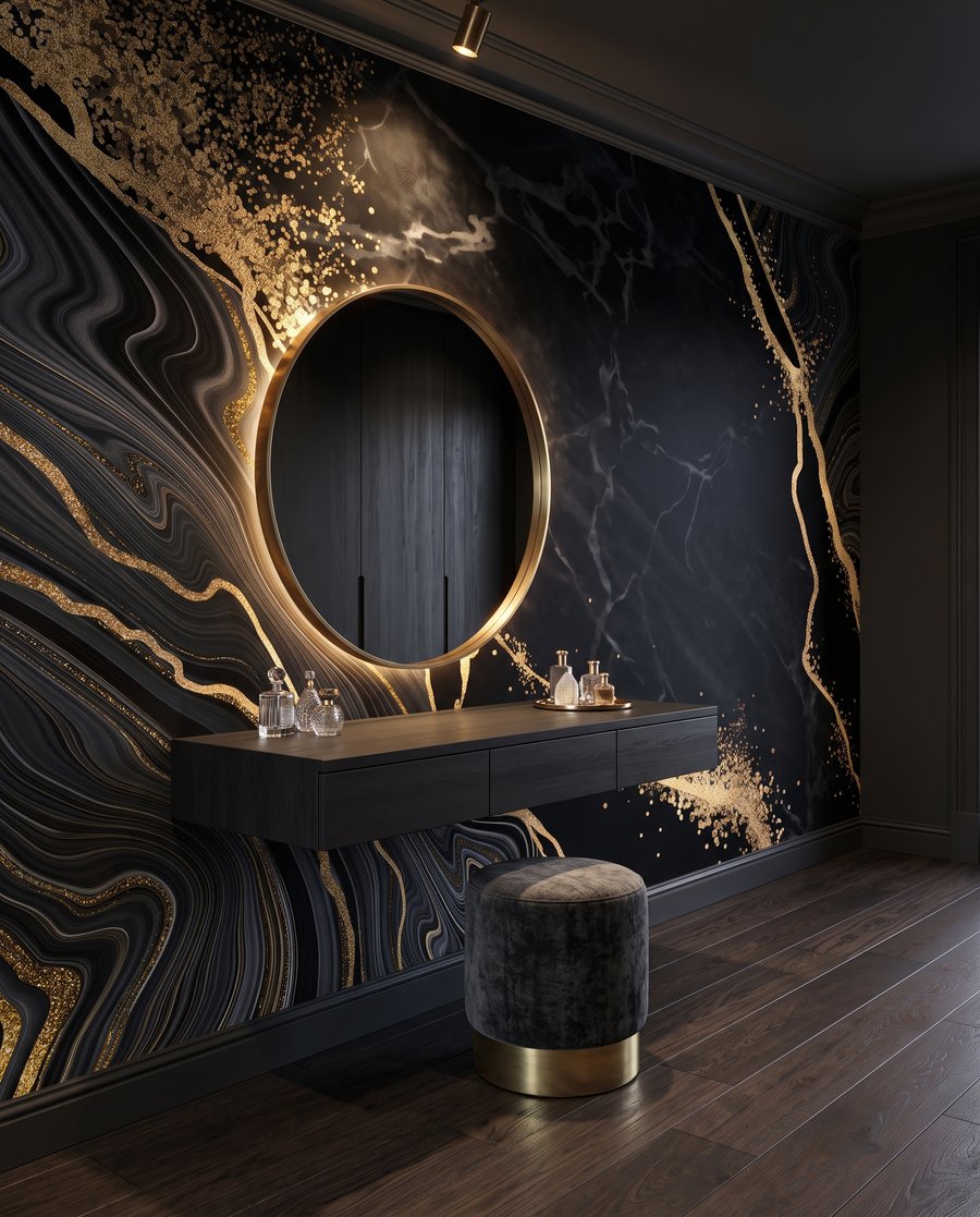 Gouden breuken door zwart in een interieur