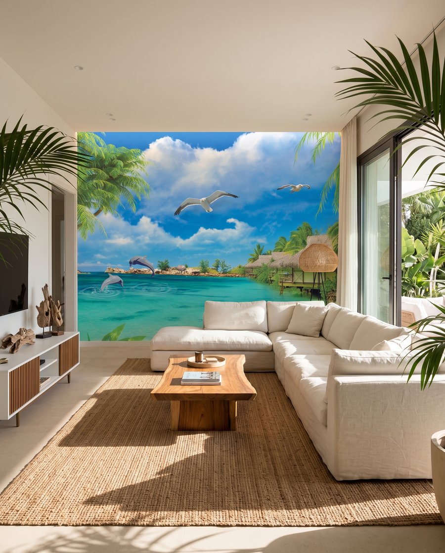 Tropische baai onder blauw in een interieur