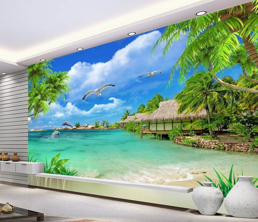 Strand met een hut en een paar vogels in een interieur
