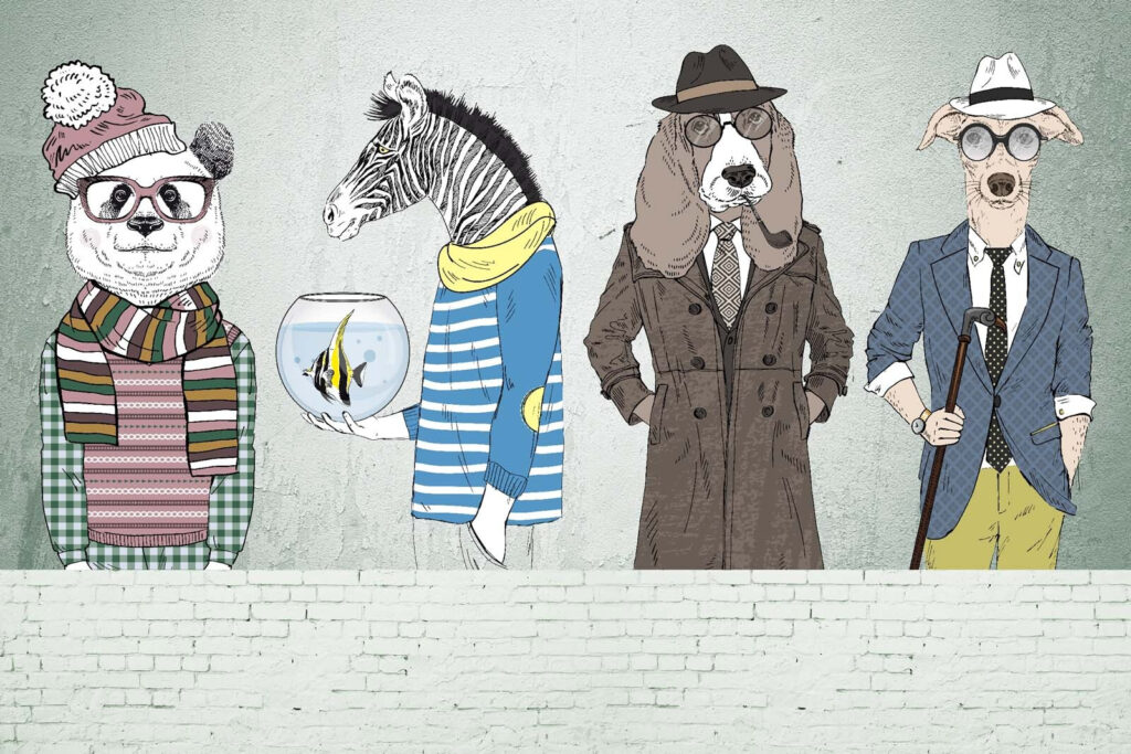 Dieren in stijlvolle mensenkleren — volledig ontwerp