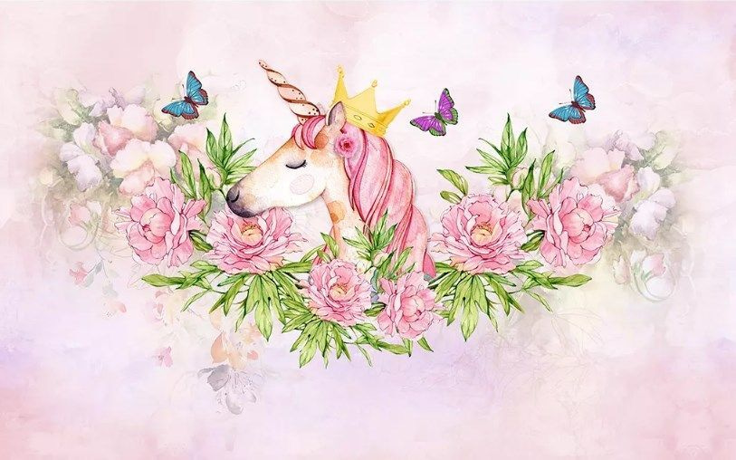 Eenhoorn tussen roze rozen — volledig ontwerp
