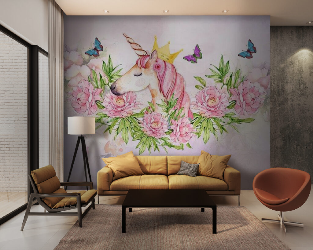 Eenhoorn met kroon en bloemen in een interieur