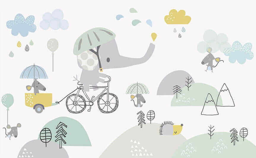 Olifant fietst met paraplu — volledig ontwerp