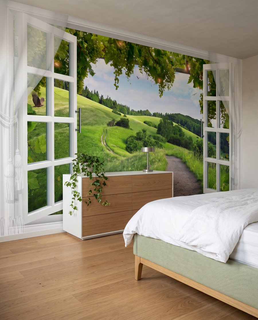 Raam met open deuren en een pad door een grasveld in een interieur