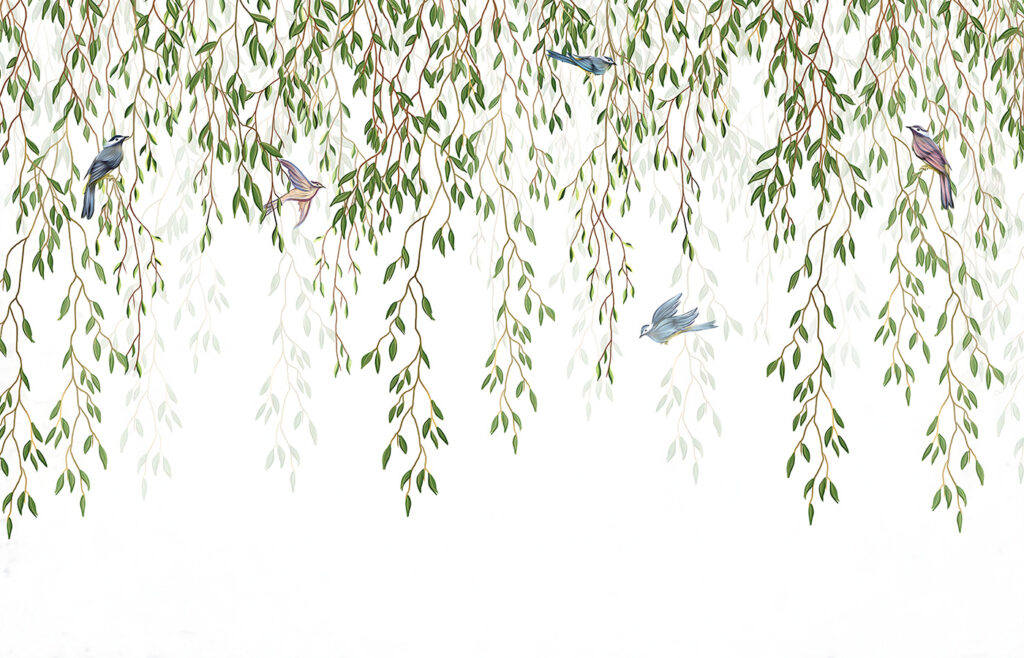 Vogels tussen hangende wilgentakken — volledig ontwerp